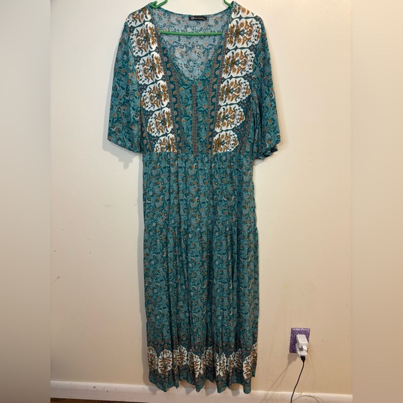 Teal and Gold Floral Maxi Dress Bohemian Size XL V Neck Short Sleeve - Picture 2 of 8